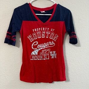University Of Houston Cougars Red Blue Shirt UH Short Sleeve V-Neck Ringer